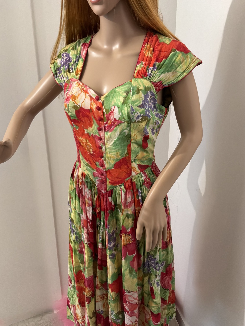 Vintage 90s The Cotton Collection Floral Midi Dress Size VTG Small (fits XS)